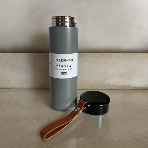 MODERN ÇİFT VAKUM YALITIMLI YANDAN DERİ TUTACAKLI SICAK/SOĞUK 450 ML GÜNLÜK, HEDİYELİK TERMOS - 4