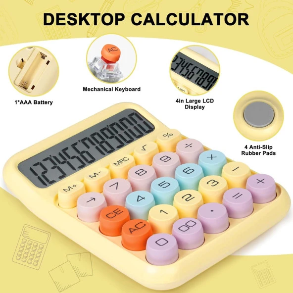 Valkyrie Renkli Çok Şirin 12 Hane Mekanik Hesap Makinası Büyük Ekranlı 4 Fonksiyonlu Ev Ofis Okul Sarı - 7