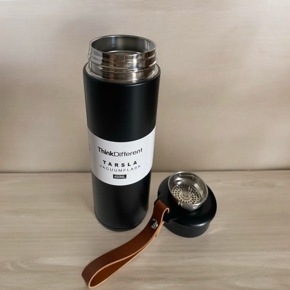 MODERN ÇİFT VAKUM YALITIMLI YANDAN DERİ TUTACAKLI SICAK/SOĞUK 450 ML GÜNLÜK, HEDİYELİK TERMOS - 2