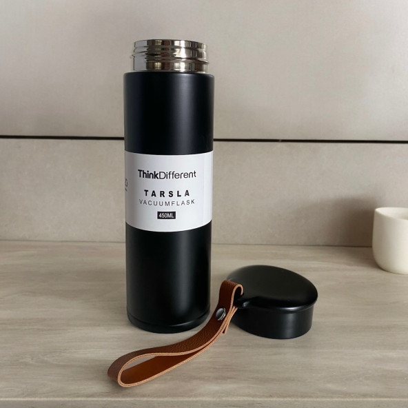 MODERN ÇİFT VAKUM YALITIMLI YANDAN DERİ TUTACAKLI SICAK/SOĞUK 450 ML GÜNLÜK, HEDİYELİK TERMOS - 3