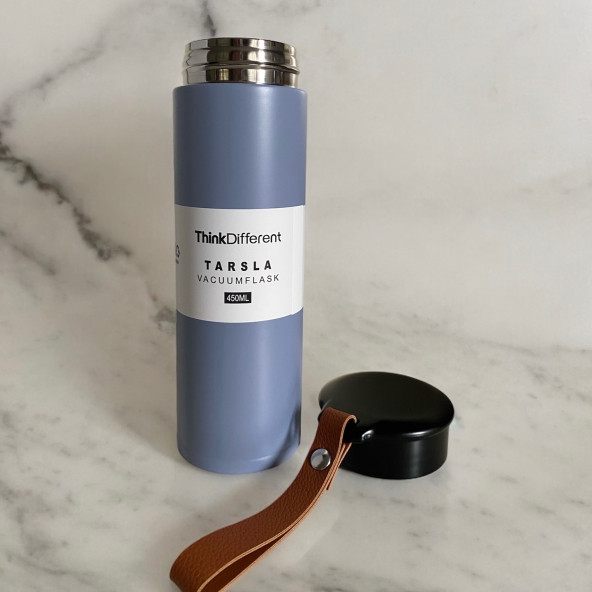MODERN ÇİFT VAKUM YALITIMLI YANDAN DERİ TUTACAKLI SICAK/SOĞUK 450 ML GÜNLÜK, HEDİYELİK TERMOS - 3