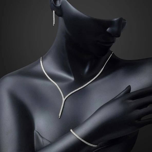 İki Sıra Beyaz Altın Su Yolu Kolye Seti - Resim 3