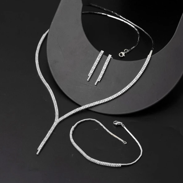 İki Sıra Beyaz Altın Su Yolu Kolye Seti - Resim 2