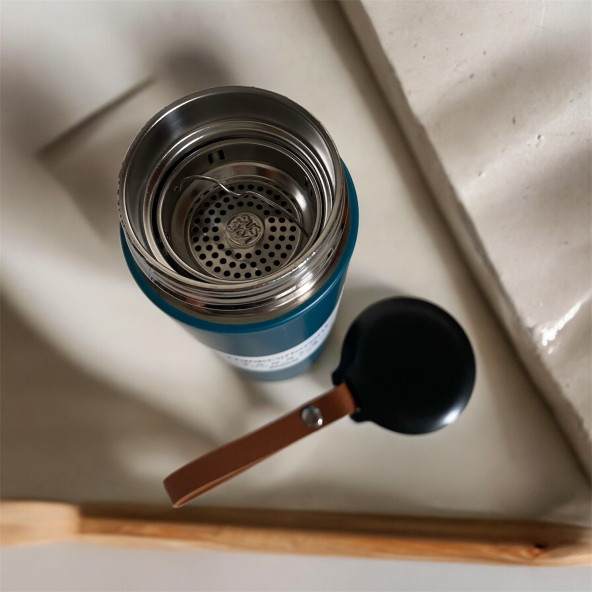 MODERN ÇİFT VAKUM YALITIMLI YANDAN DERİ TUTACAKLI SICAK/SOĞUK 450 ML GÜNLÜK, HEDİYELİK TERMOS - 3