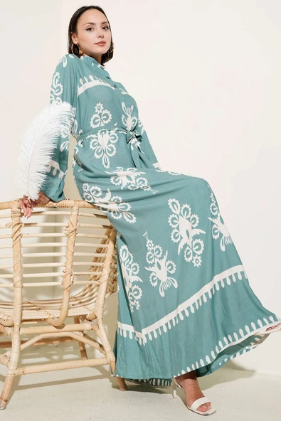 Etnik Desenli Kuşaklı Elbise Mint ürün görseli 1