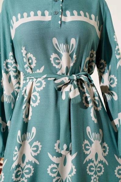 Etnik Desenli Kuşaklı Elbise Mint - Resim 4