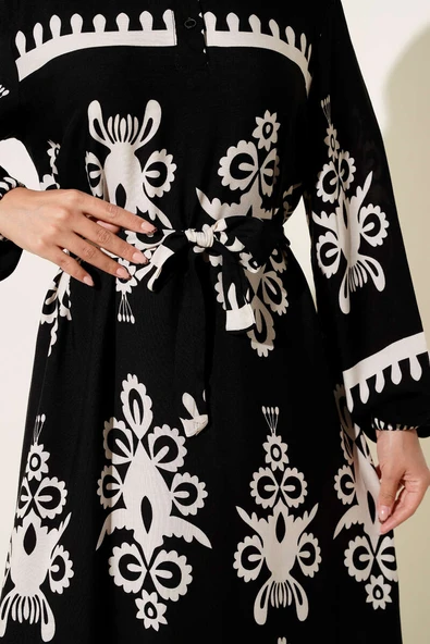 Etnik Desenli Kuşaklı Elbise Siyah - Resim 4
