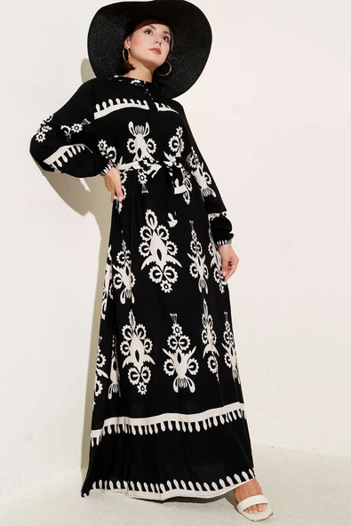 Etnik Desenli Kuşaklı Elbise Siyah ürün görseli 1