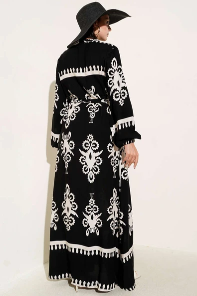 Etnik Desenli Kuşaklı Elbise Siyah - Resim 3