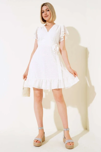 Kendinden Çiçek Desen Elbise Ekru ürün görseli 1