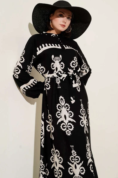 Etnik Desenli Kuşaklı Elbise Siyah - Resim 2