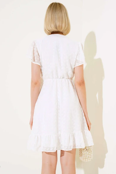 Kendinden Çiçek Desen Elbise Ekru - Resim 3