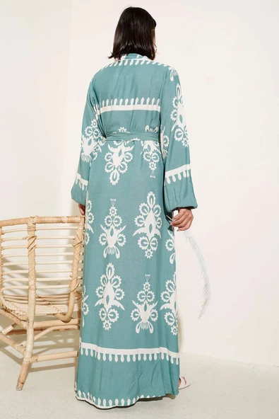 Etnik Desenli Kuşaklı Elbise Mint - Resim 3