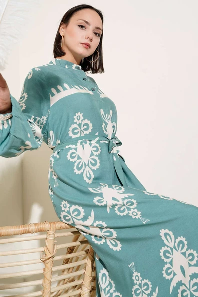 Etnik Desenli Kuşaklı Elbise Mint - Resim 2