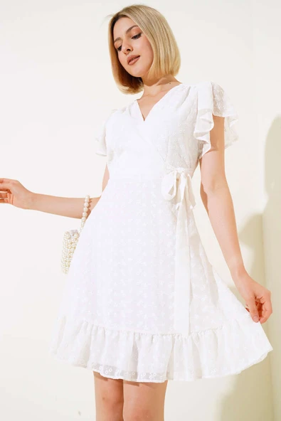 Kendinden Çiçek Desen Elbise Ekru - Resim 2