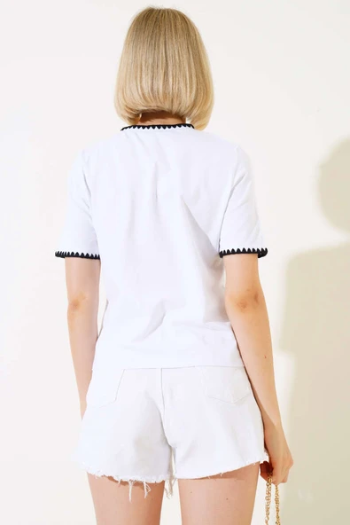 Midye Dikişli T-shirt Beyaz - Resim 3