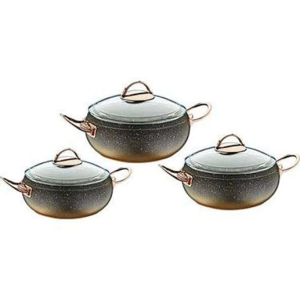 Granit Güveç Set 3lü Granit Mini Tencere Takımı Cam Kapaklı Bakır Renk