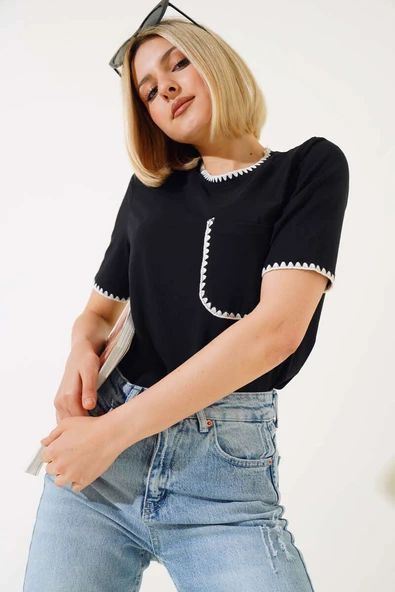 Midye Dikişli T-shirt Siyah - Resim 2