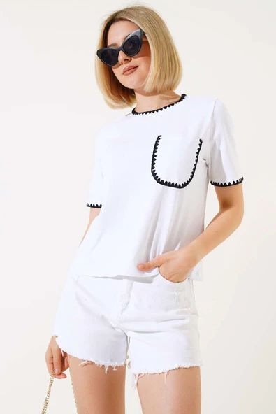 Midye Dikişli T-shirt Beyaz - Resim 2