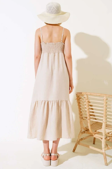 Örgü Askılı Elbise Bej - Resim 3