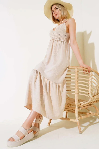 Örgü Askılı Elbise Bej ürün görseli 1