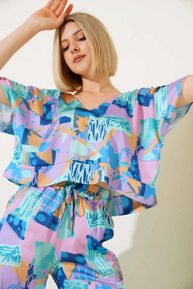 Karışık Desen Saten İkili Takım Mint - Resim 2