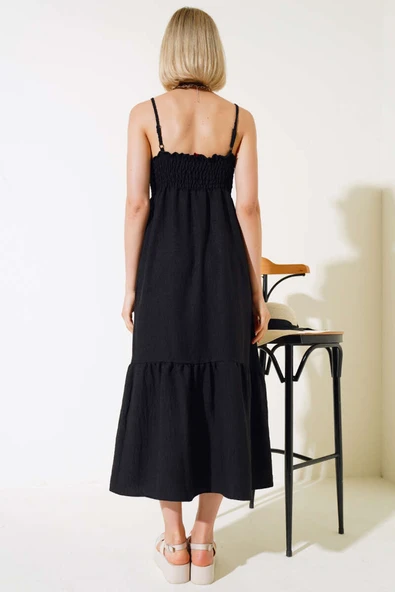 Örgü Askılı Elbise Siyah ürün görseli 1