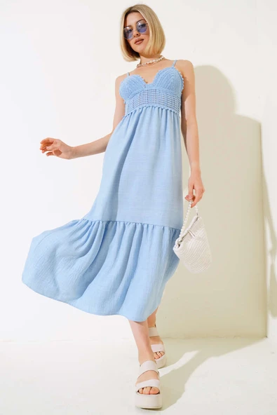 Örgü Askılı Elbise Mavi ürün görseli 1