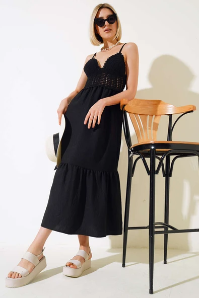 Örgü Askılı Elbise Siyah ürün görseli 1