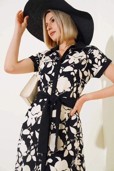 Gömlek Yaka Midi Elbise Siyah - 2