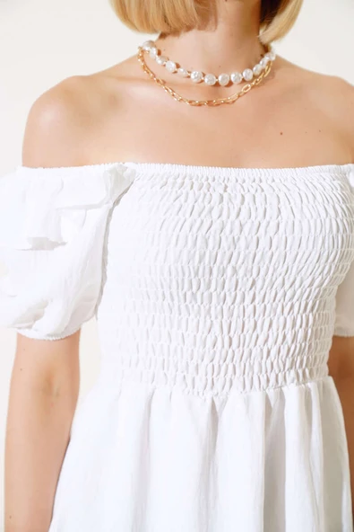 Kare Yaka Gipeli Elbise Ekru - Resim 4