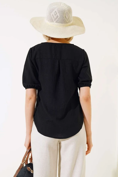 Dantel İşlemeli Keten T-shirt Siyah - 3