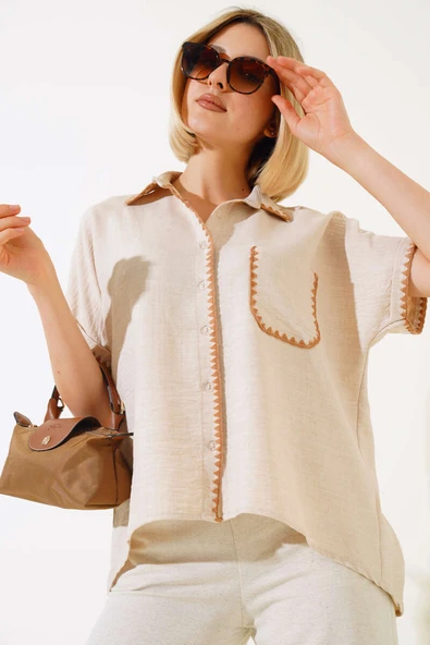 Midye Dikişli Kısa Kol Gömlek Bej - 2