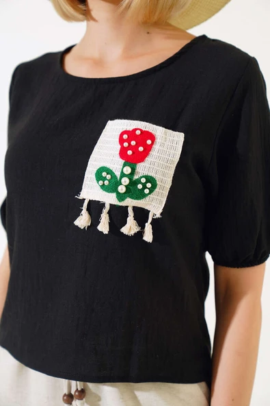 Dantel İşlemeli Keten T-shirt Siyah - Resim 4