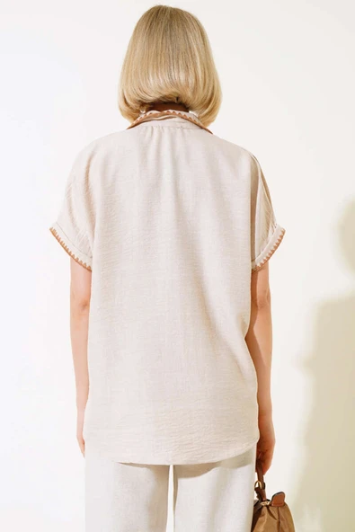 Midye Dikişli Kısa Kol Gömlek Bej - 3
