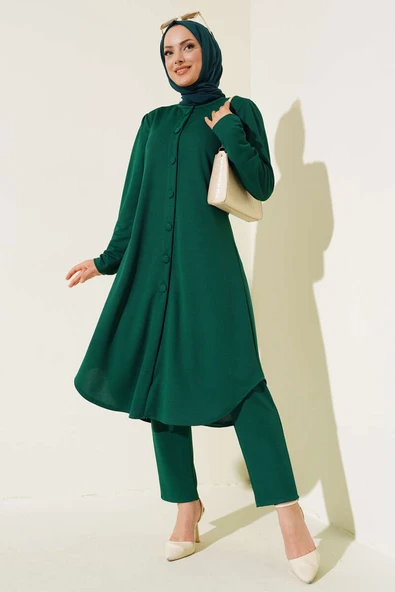 Boydan Düğmeli Tunik İkili Takım Zümrüt