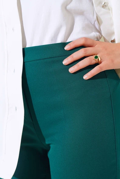 Yüksek Bel Kumaş Pantolon Zümrüt - Resim 4