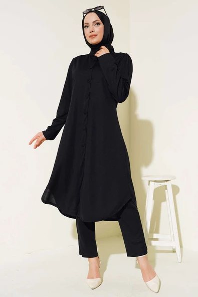 Boydan Düğmeli Tunik İkili Takım Siyah - 2