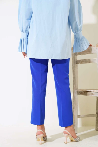 Yüksek Bel Kumaş Pantolon Saks - Resim 3