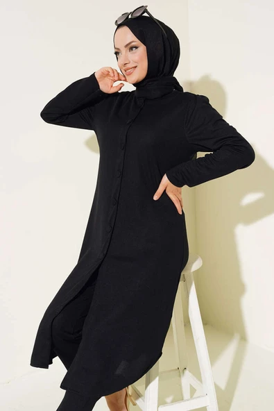 Boydan Düğmeli Tunik İkili Takım Siyah