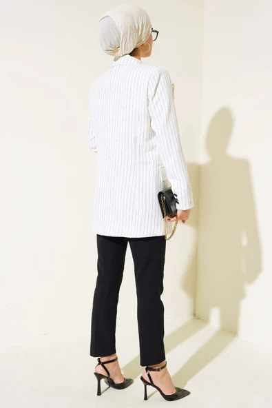 Çizgili Blazer Ceket Beyaz - Resim 3