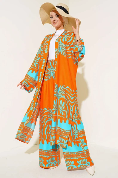 Etnik Desen Kimono İkili Takım Oranj