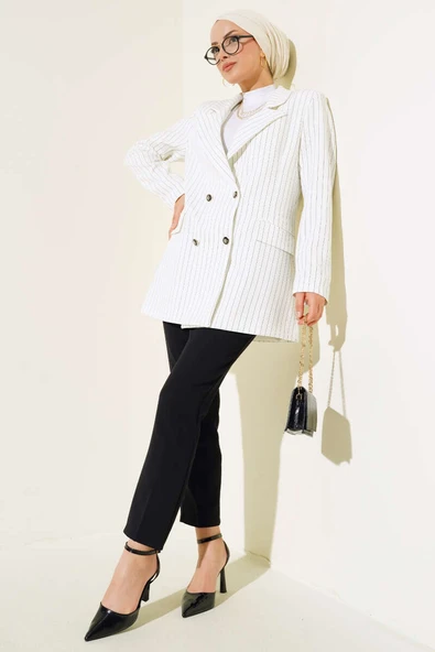 Çizgili Blazer Ceket Beyaz - Resim 2