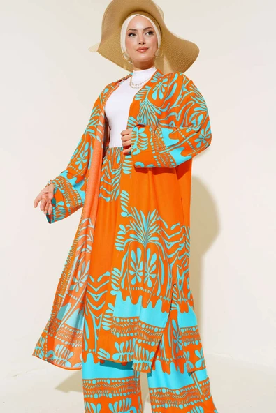 Etnik Desen Kimono İkili Takım Oranj - 2
