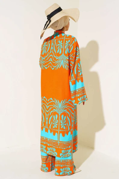 Etnik Desen Kimono İkili Takım Oranj - 3
