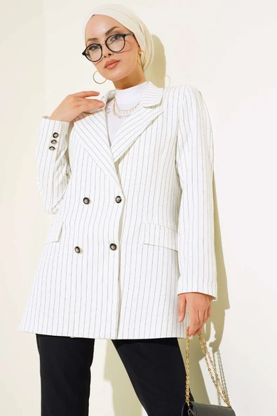 Çizgili Blazer Ceket Beyaz - 1