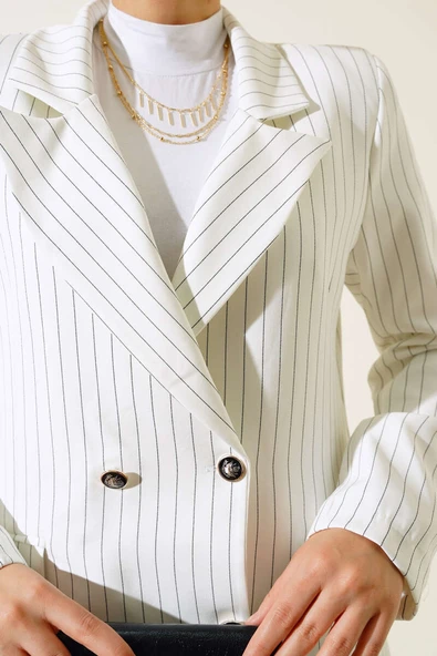 Çizgili Blazer Ceket Beyaz - Resim 4