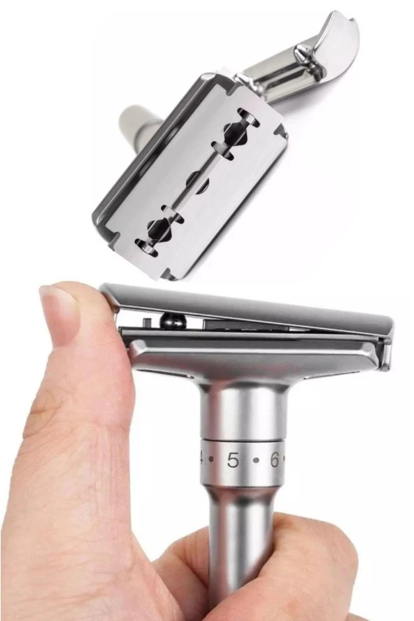 Valkyrie Metal Ayarlanabilir Manuel Geleneksel Tıraş Aleti Makinası 5 Jilet 6 Kademe Gümüş - 5