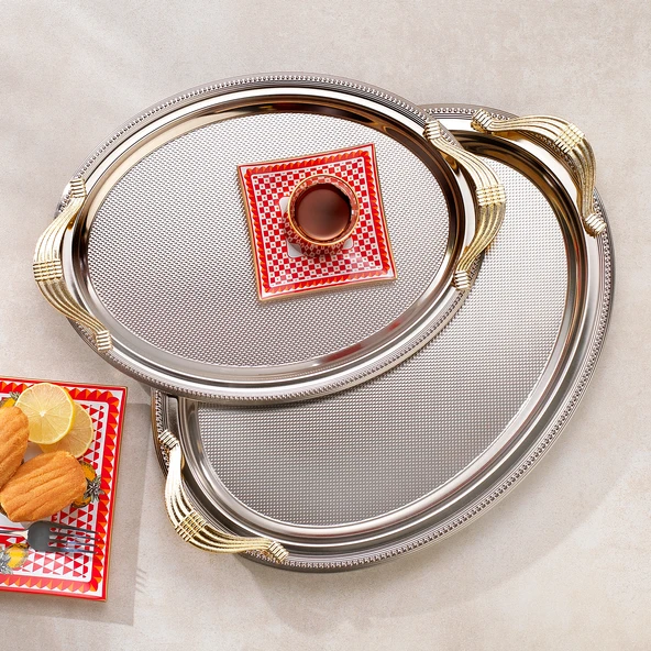 Schafer Ela 2 li Oval Çay Tepsisi Oval kulplu