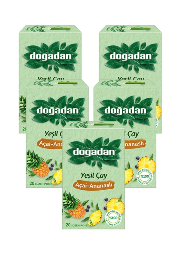 Doğadan YEŞİL ÇAY AÇAİ-ANANASLI 20 SÜZEN POŞET, 5 PAKET